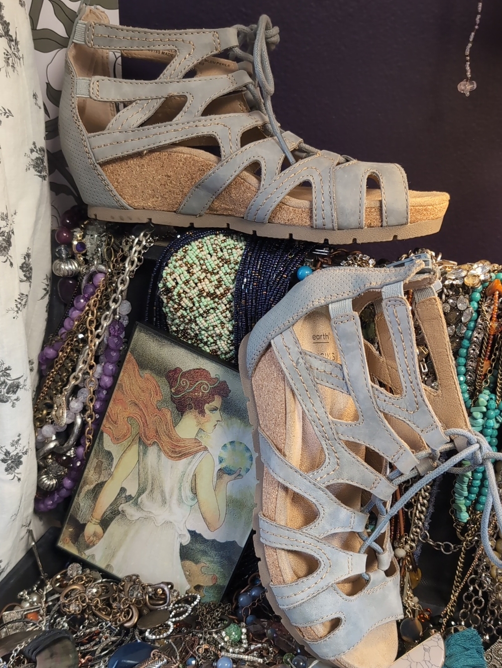 Lace-Up Leather Light Blue Gladiator Cutout Cork Wedge Sandals - Picture 3 of 12